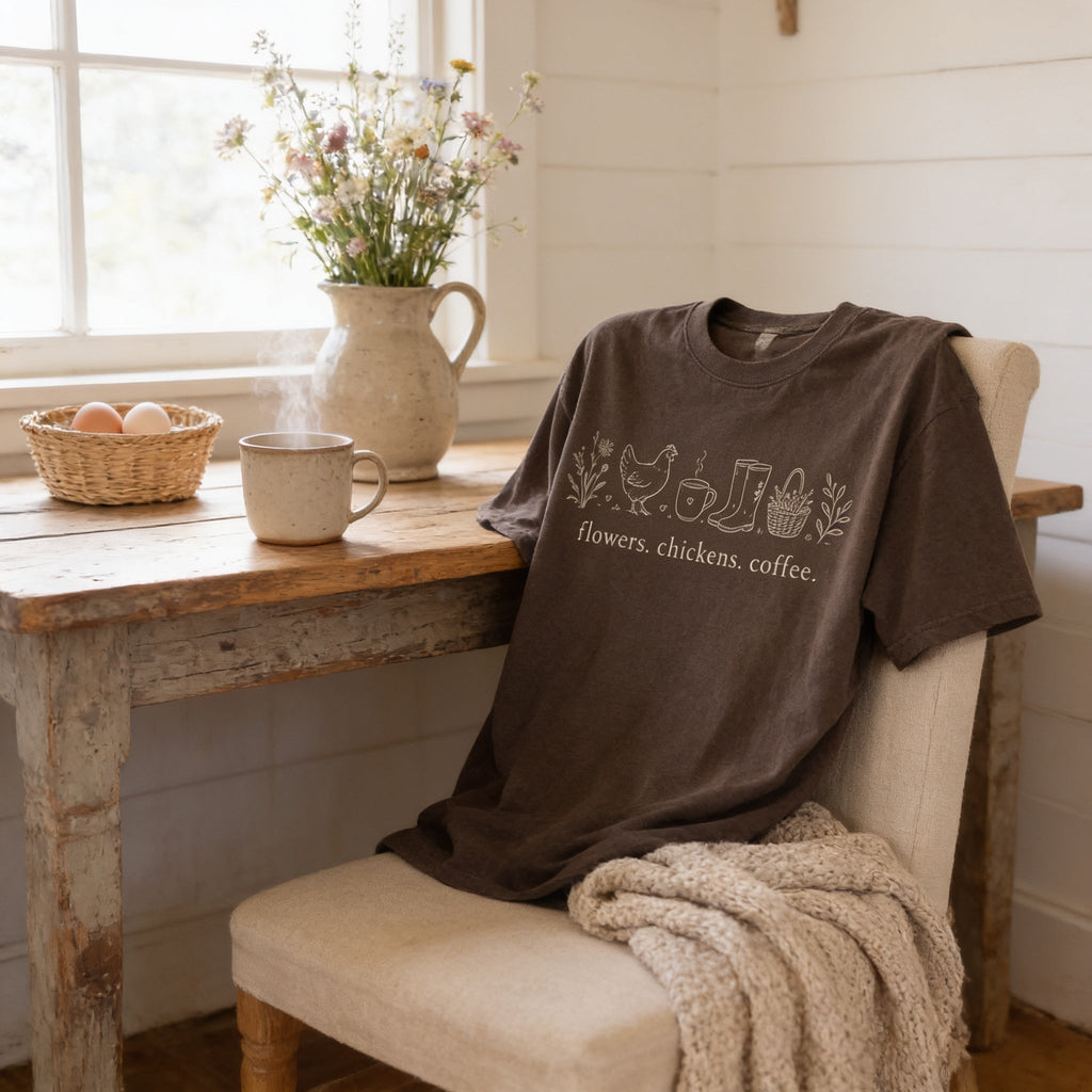 Brown unisex t-shirt with chicken, coffee, and flowers graphic on the chest