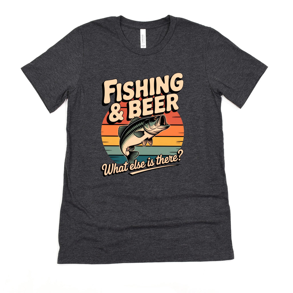 Dark gray fishing beer T-shirt with colorful “FISHING & BEER” fish graphic and slogan