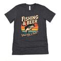 Dark gray fishing beer T-shirt with colorful “FISHING & BEER” fish graphic and slogan