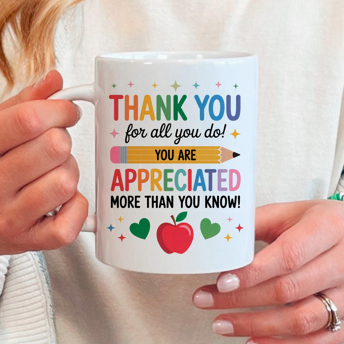 White ceramic thank-you mug held in hands with “Thank You” and “You are appreciated” text