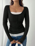 Women's Lace Stitching Crew Neck T-shirt Top