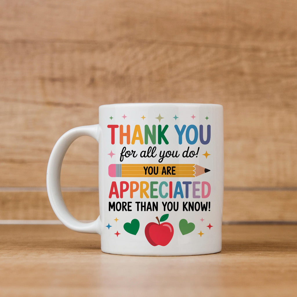 White ceramic thank-you mug with colorful “Thank You” and “You are appreciated” message