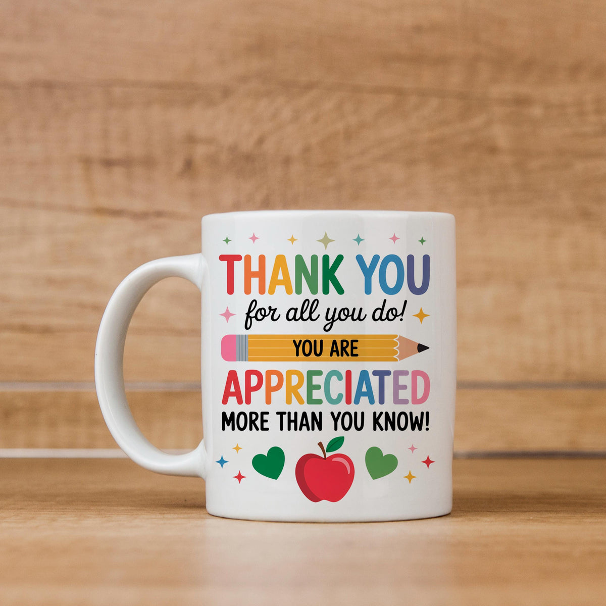 White ceramic thank-you mug with colorful “Thank You” and “You are appreciated” message