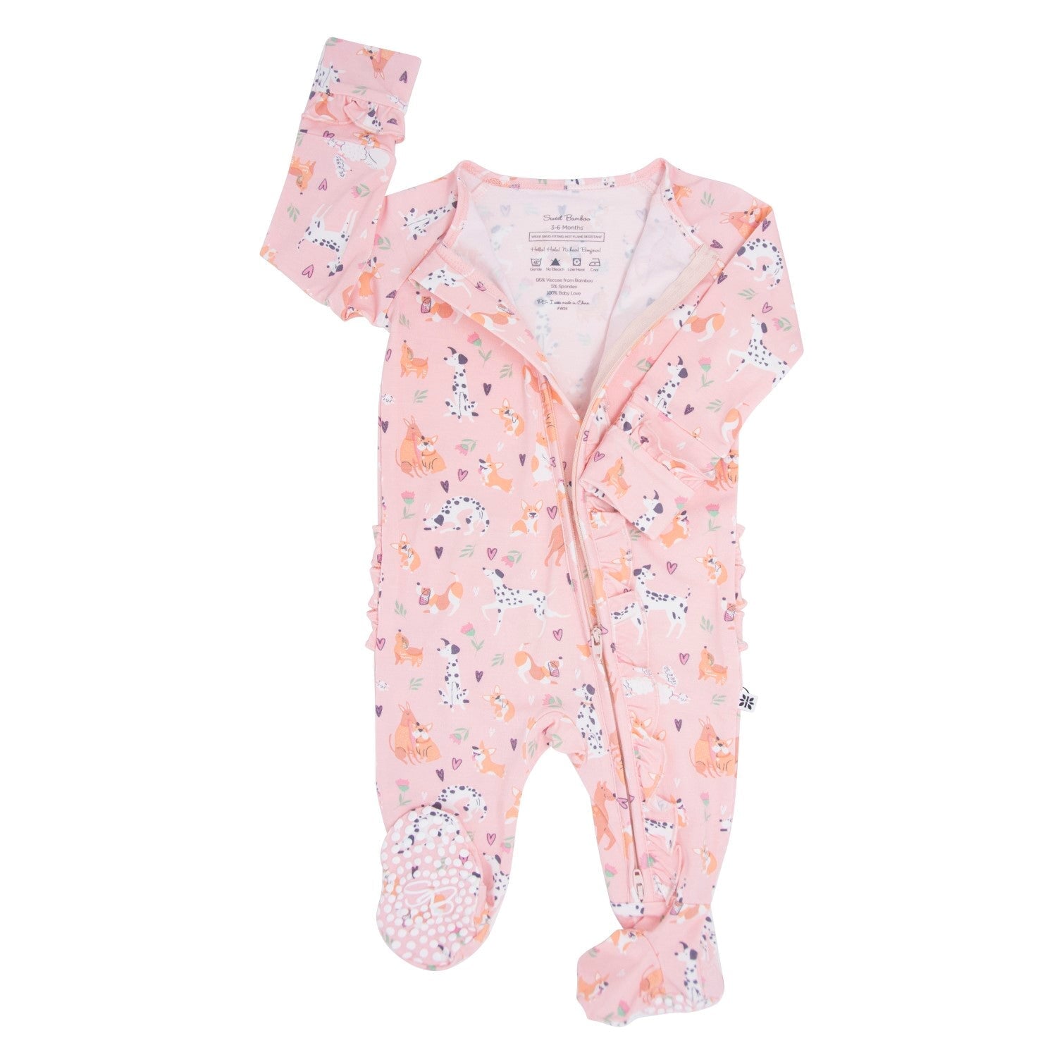 Pink long-sleeve animal-print footie pajama with button snap front