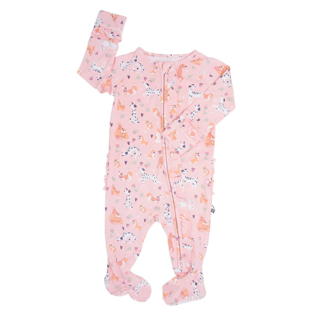 Pink animal-print footie sleeper with long sleeves and footed cuffs