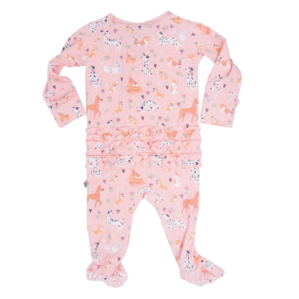 Pink long-sleeve footie sleeper with gathered ruffle waist and animal print