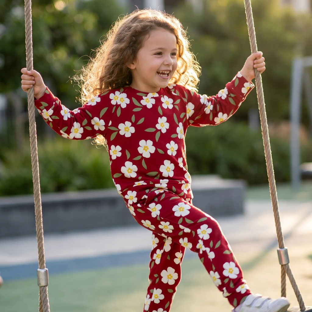 Kids floral crew-neck jogger set in red with white and yellow flowers, long sleeves