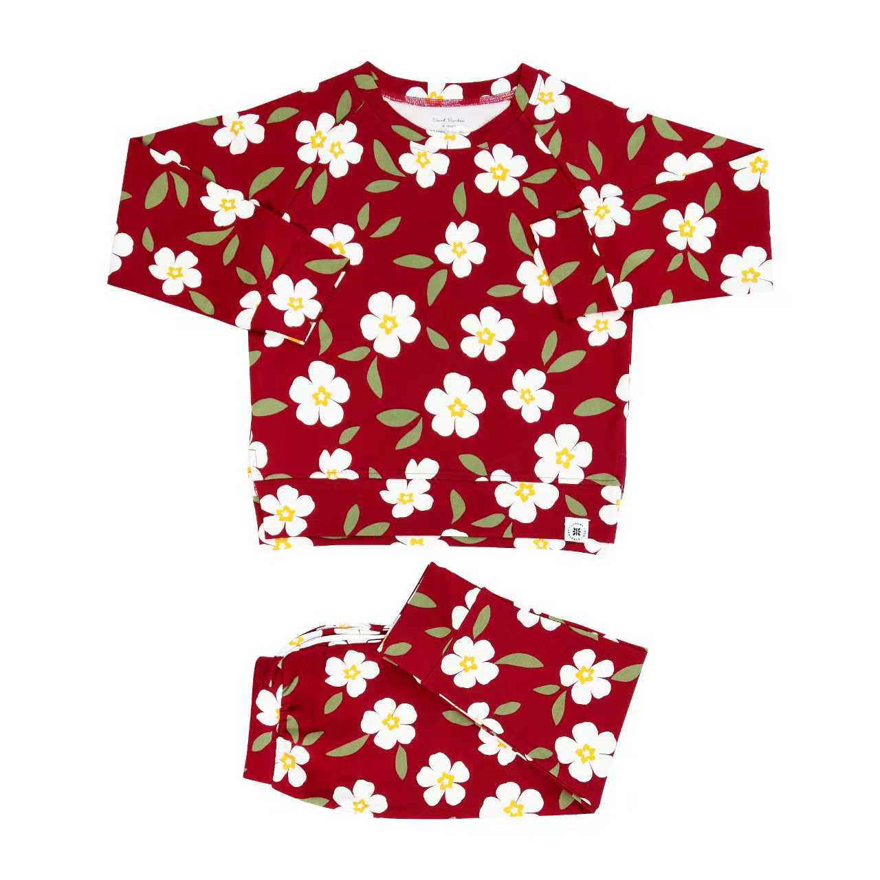 Kids floral crew-neck top and jogger pants set, red with white and yellow flower print