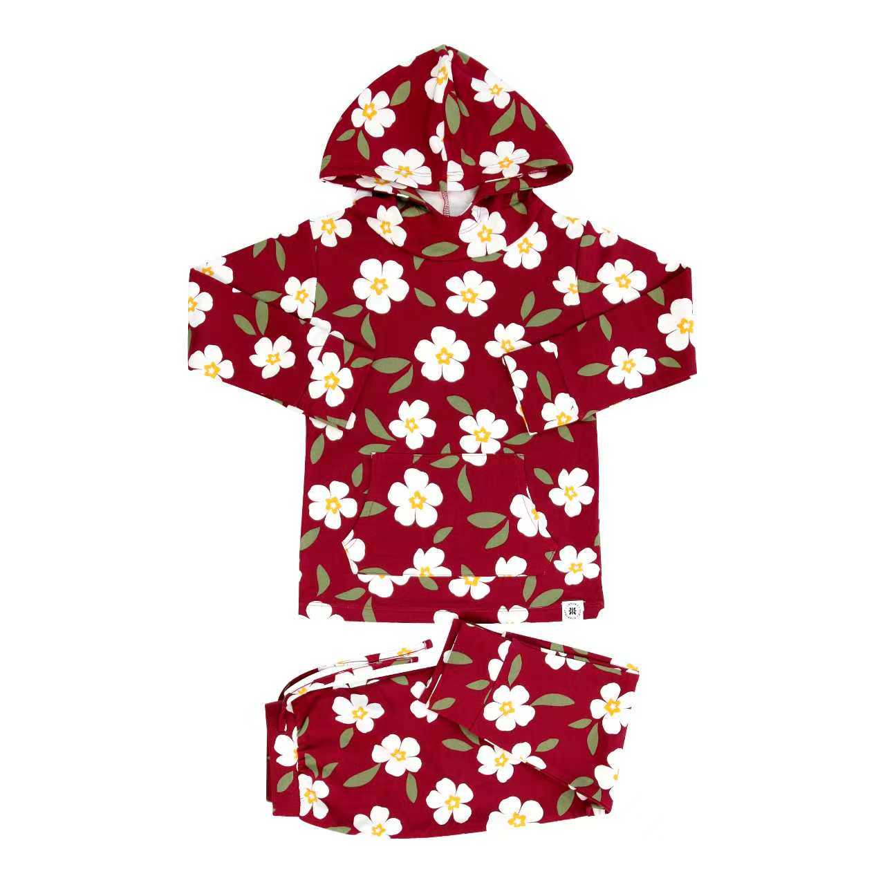 Kids hooded jogger set in dark red with white and yellow flower print, hooded top and joggers