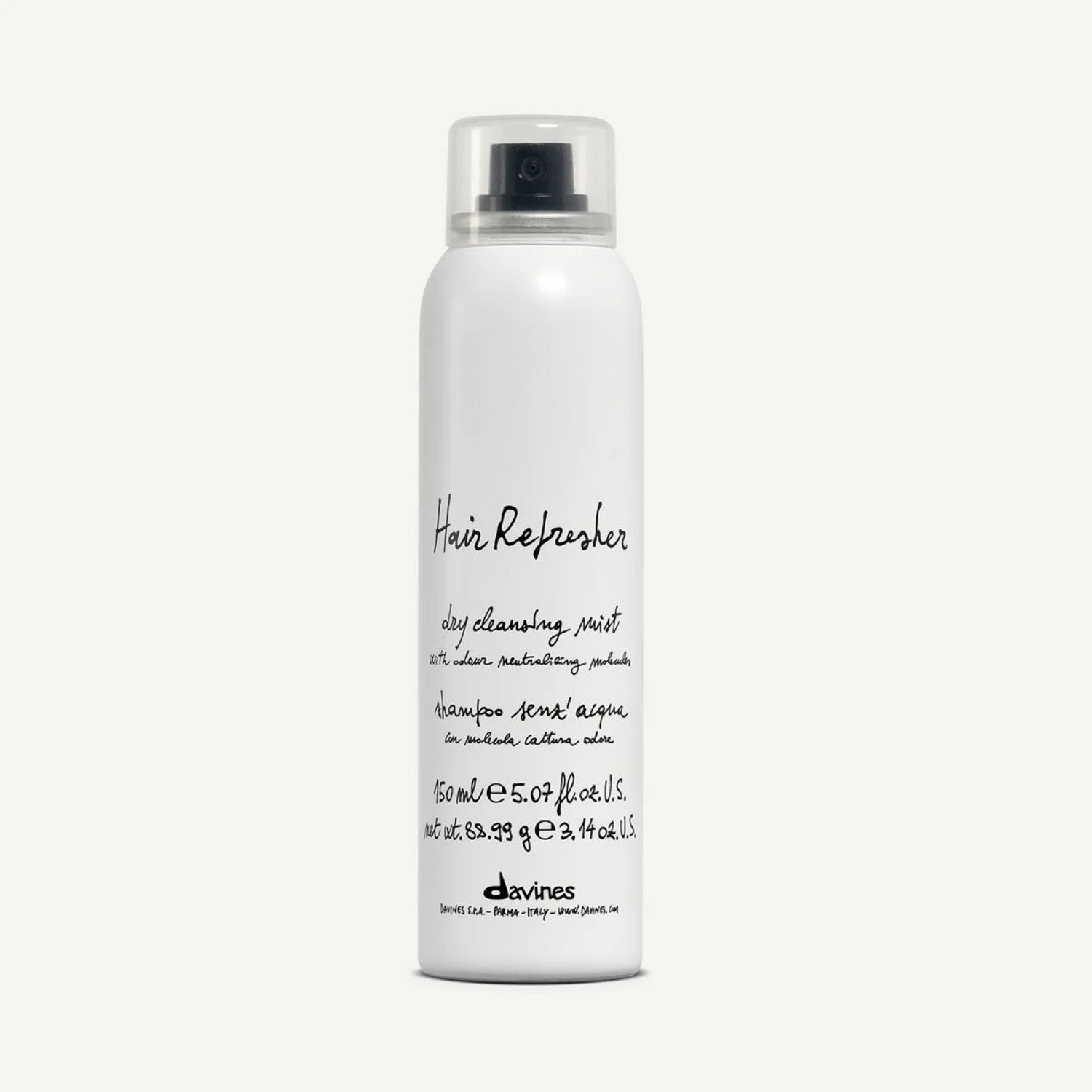 Davines hair refresher spray bottle with black pump, front label, 150 mL