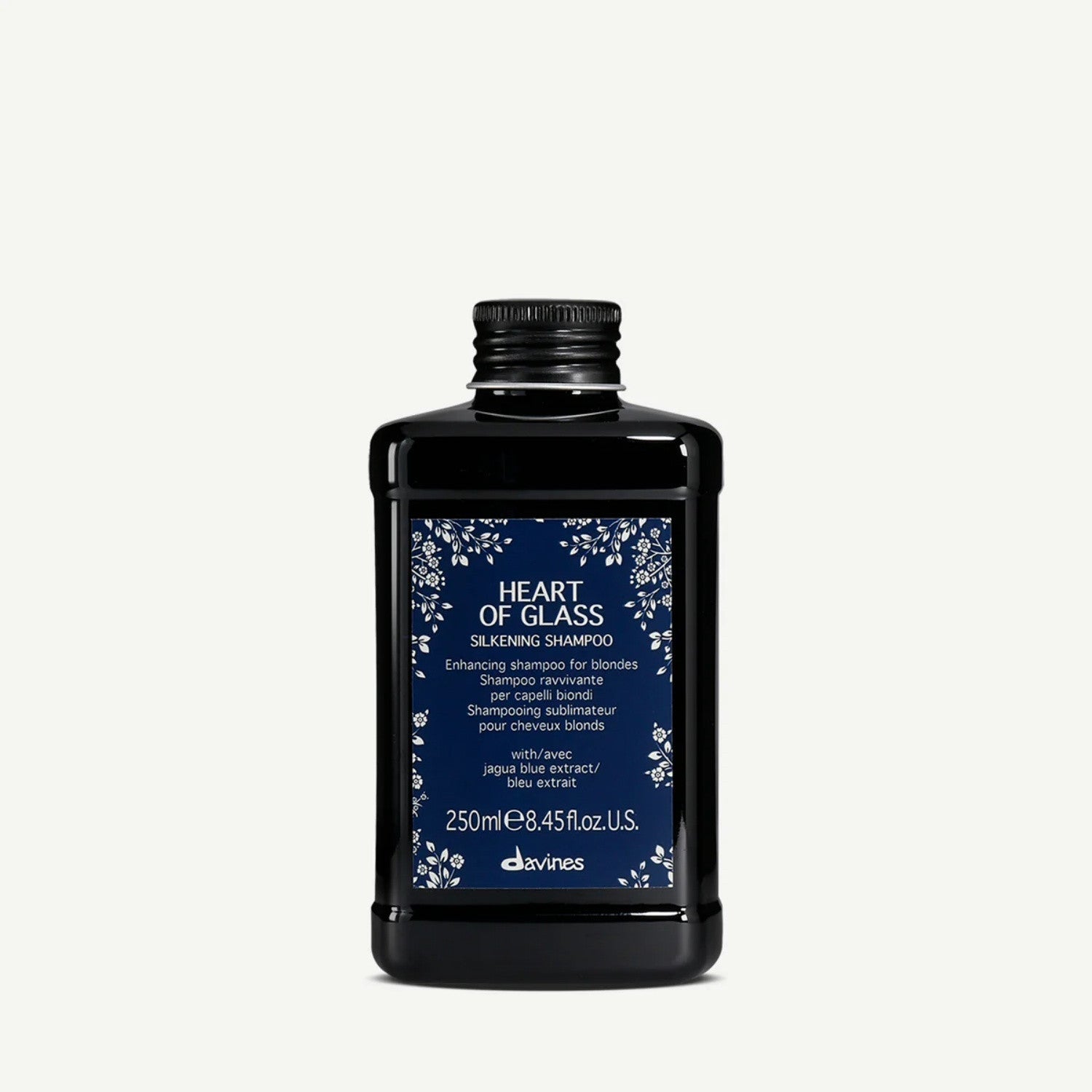 Silkening shampoo bottle Davines Heart of Glass, 250 mL, black cap and label