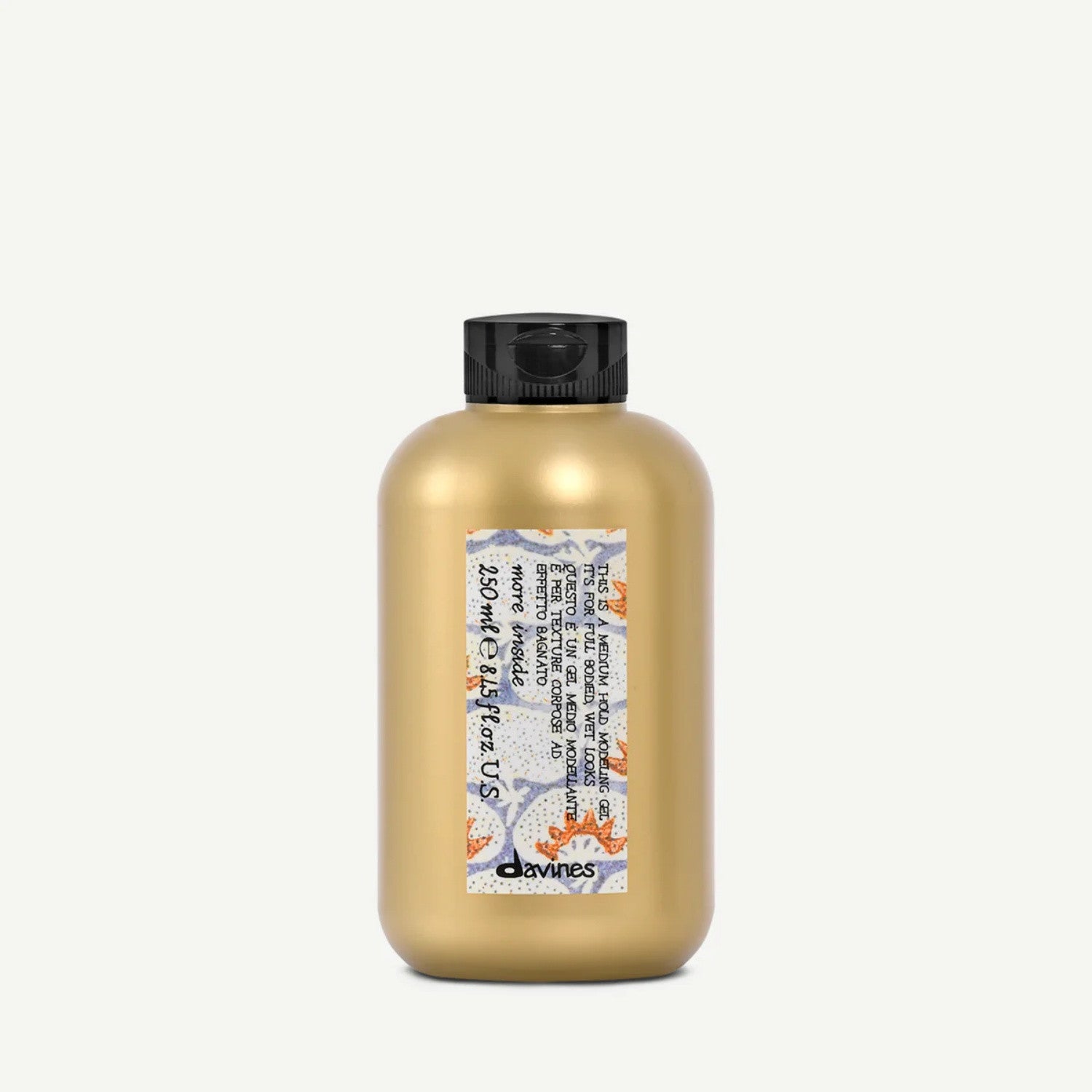 Davines More Inside medium-hold modeling gel bottle with black cap, amber.