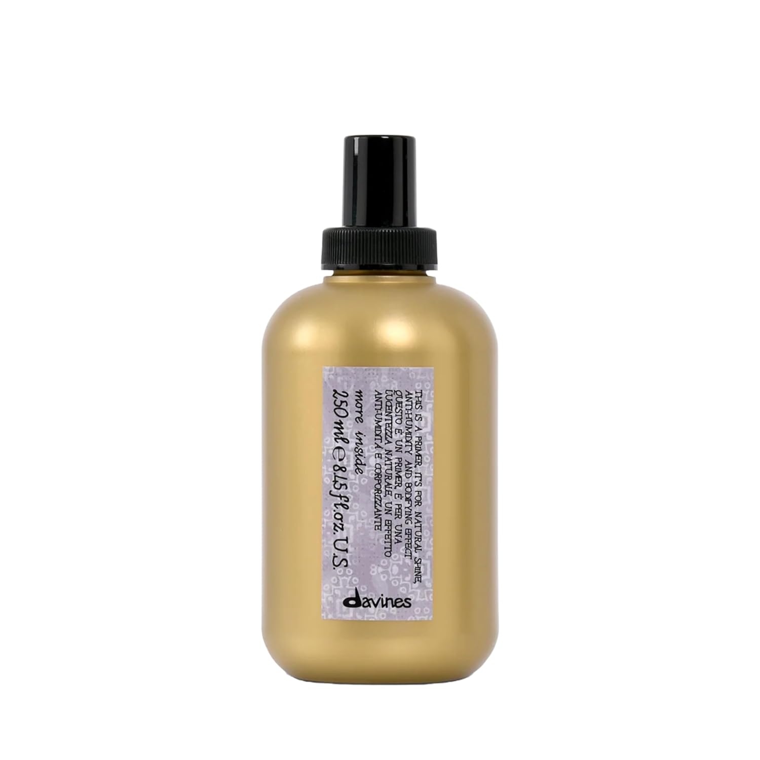 Golden bottle with black pump top, Davines blow dry primer