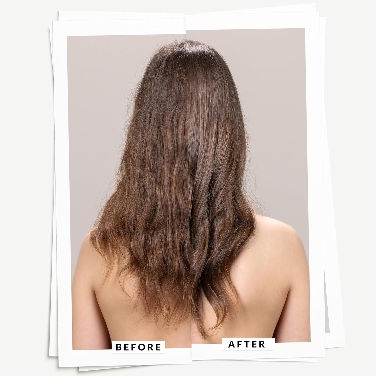 Long brown hair before-and-after photo cards, bare back