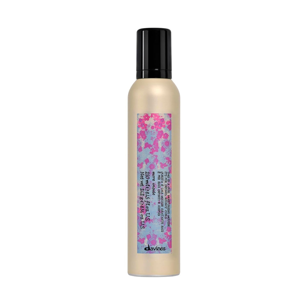 Curl moisturizing mousse bottle with black pump, beige bottle and pink label