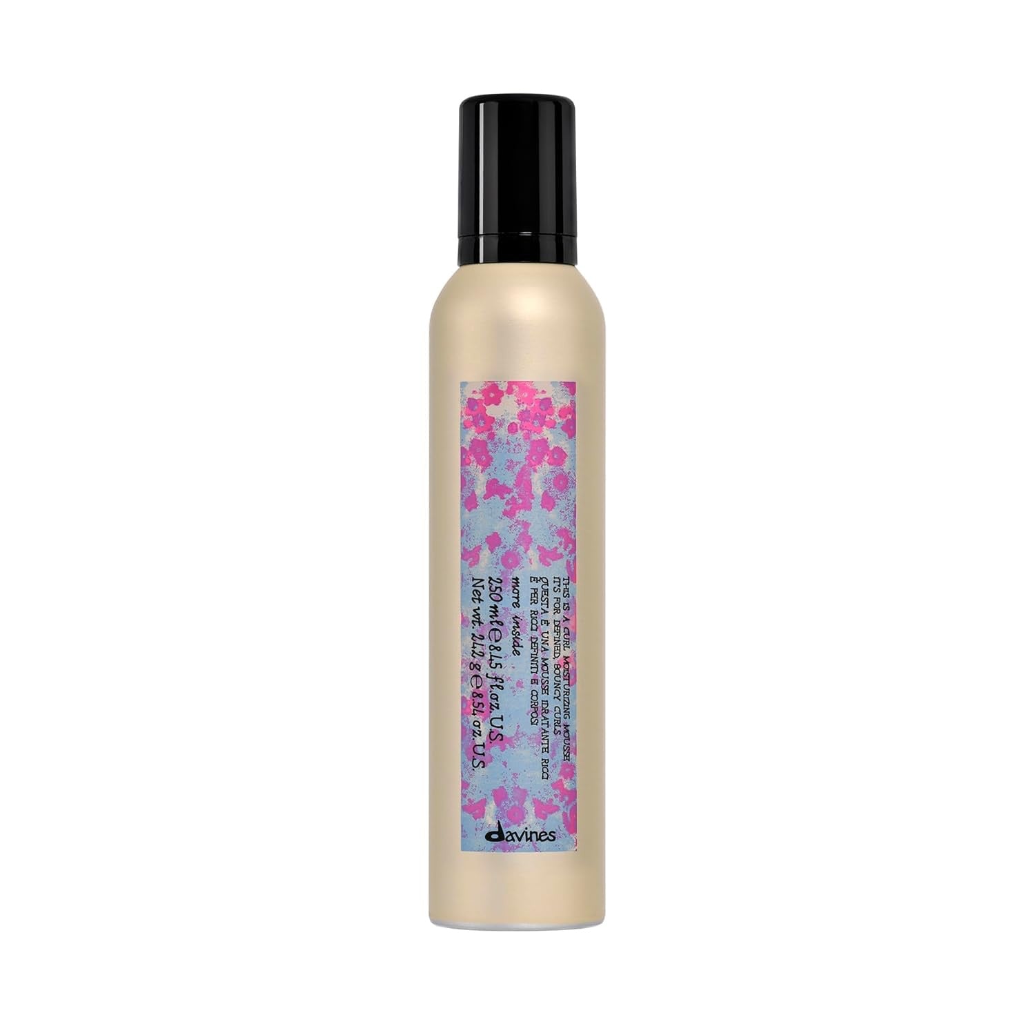 Curl moisturizing mousse bottle with black pump, beige bottle and pink label