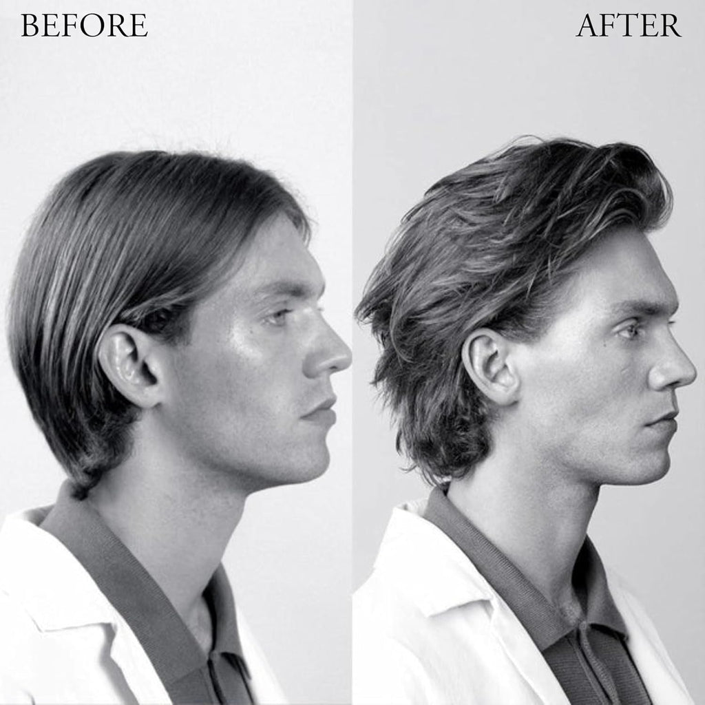 Hair styled with dry wax finish, showing before-and-after side profile