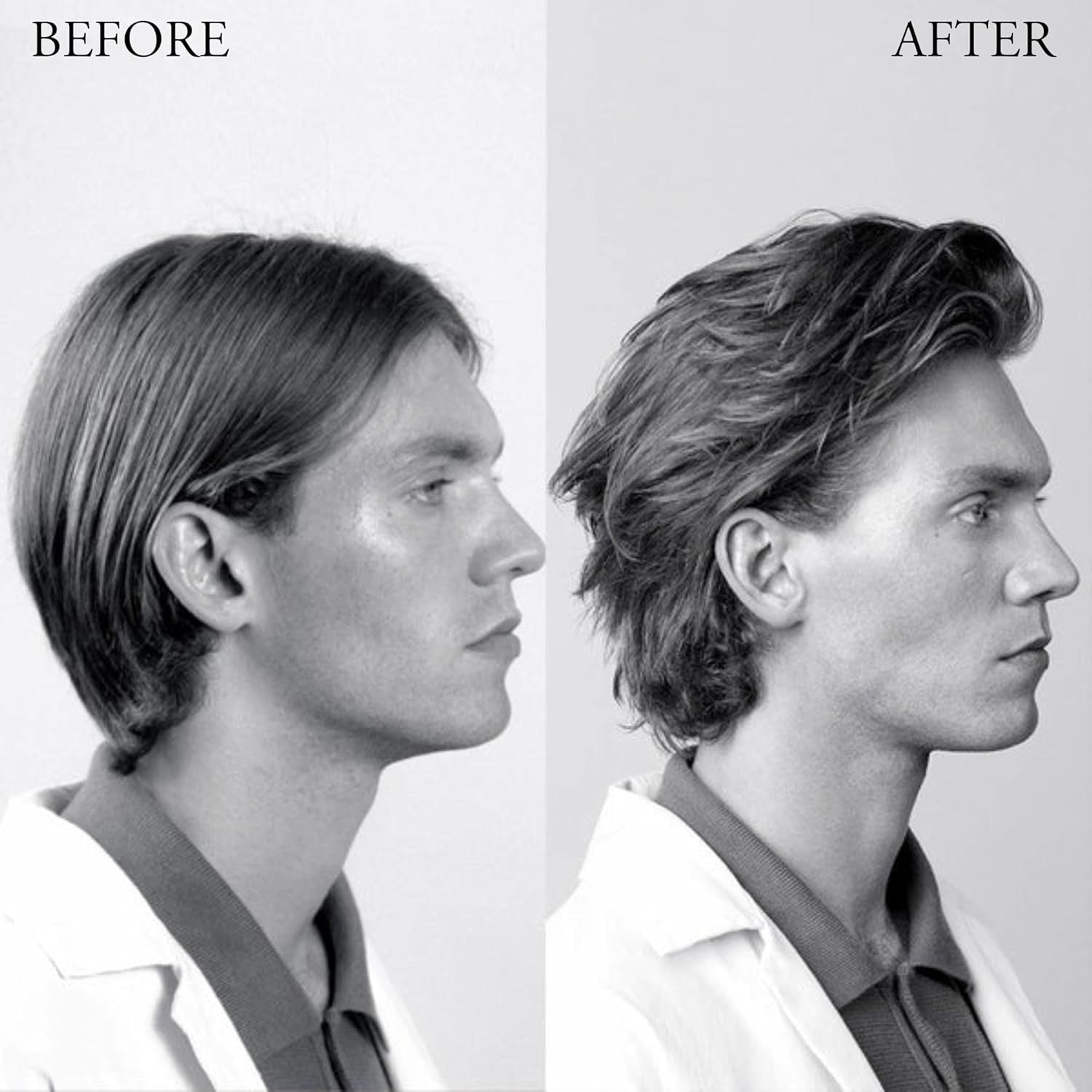 Hair styled with dry wax finish, showing before-and-after side profile