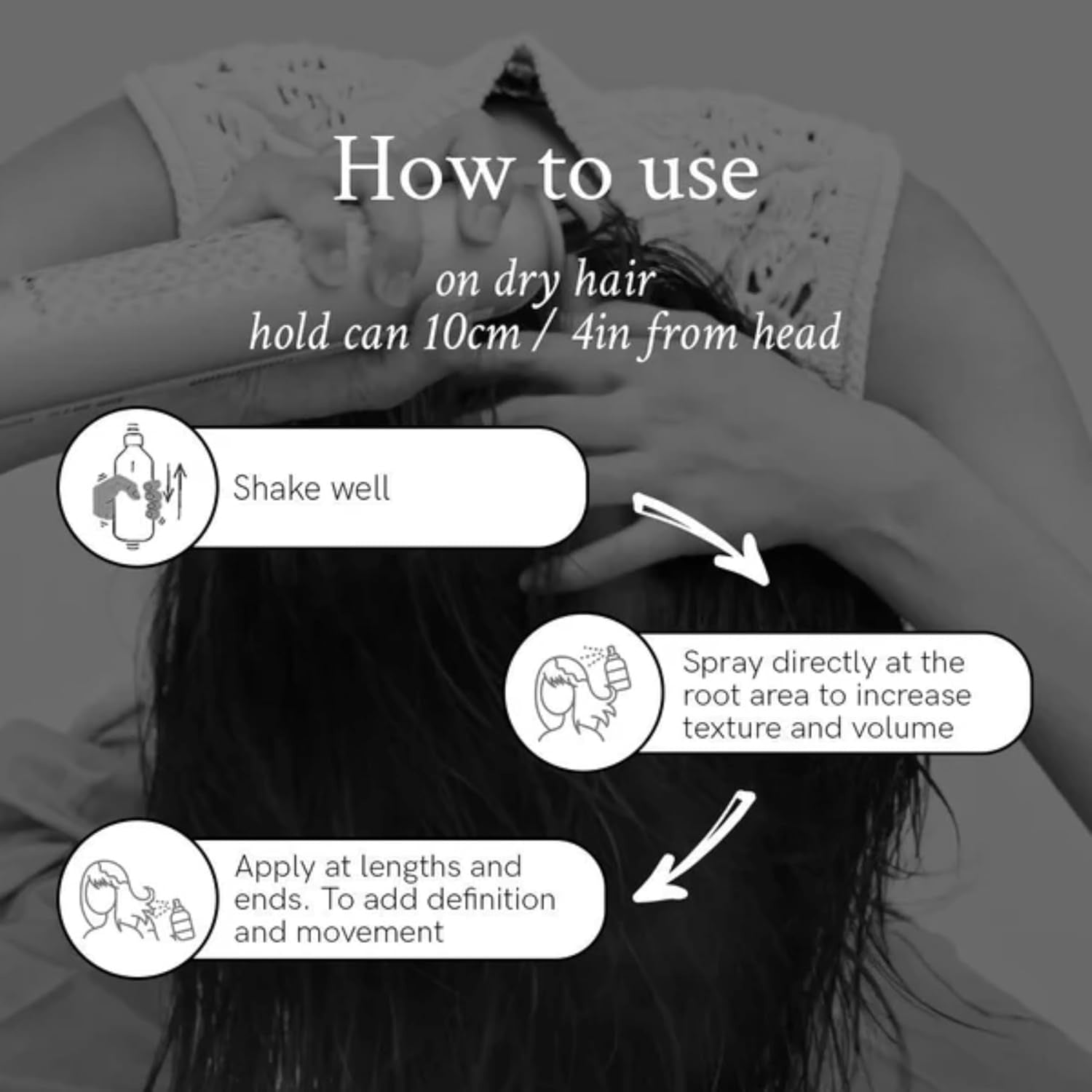 Hair styling spray application on long hair with nozzle, instructional layout