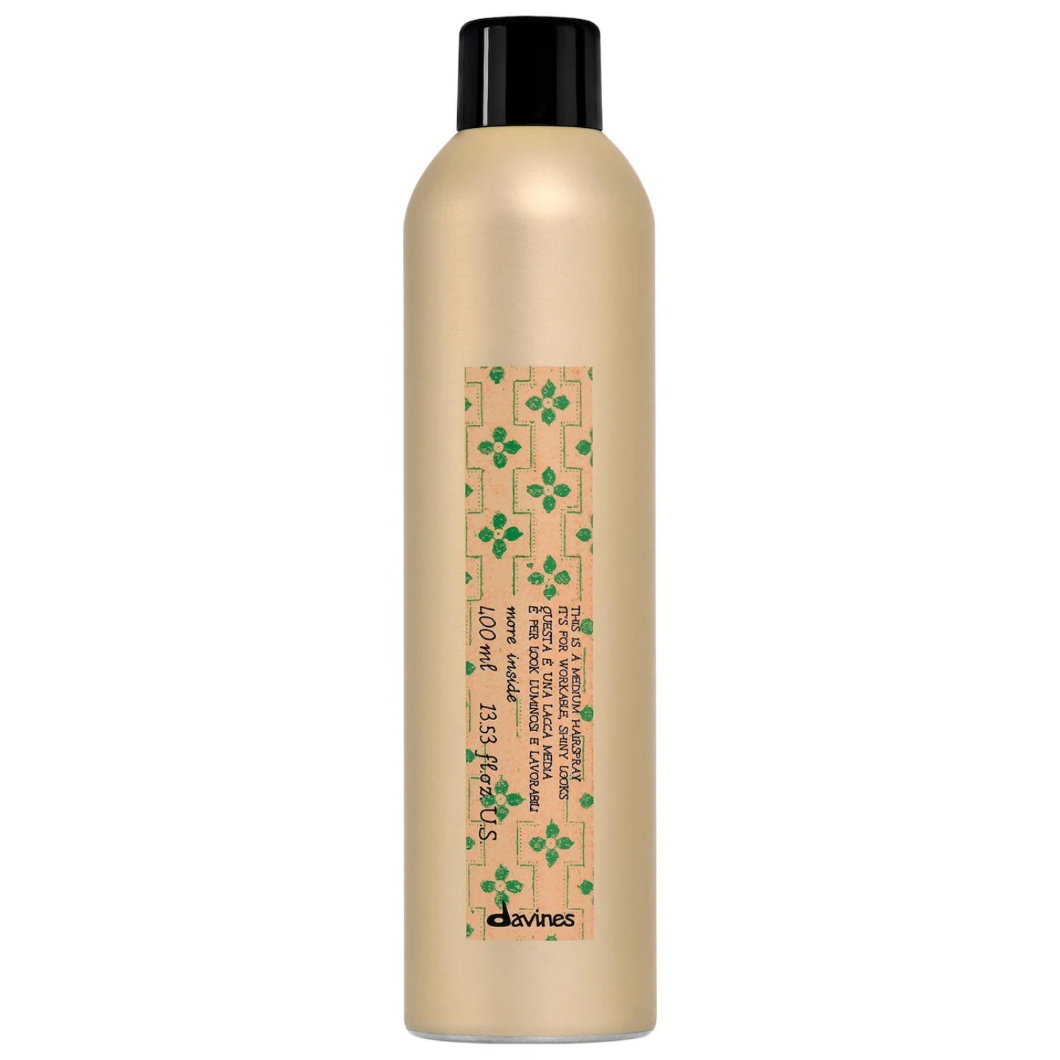 Davines medium hairspray bottle with black cap and beige label