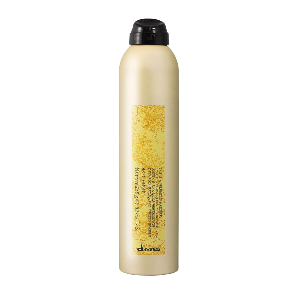 Davines hair spray bottle with black cap, beige bottle and gold label, 300 mL