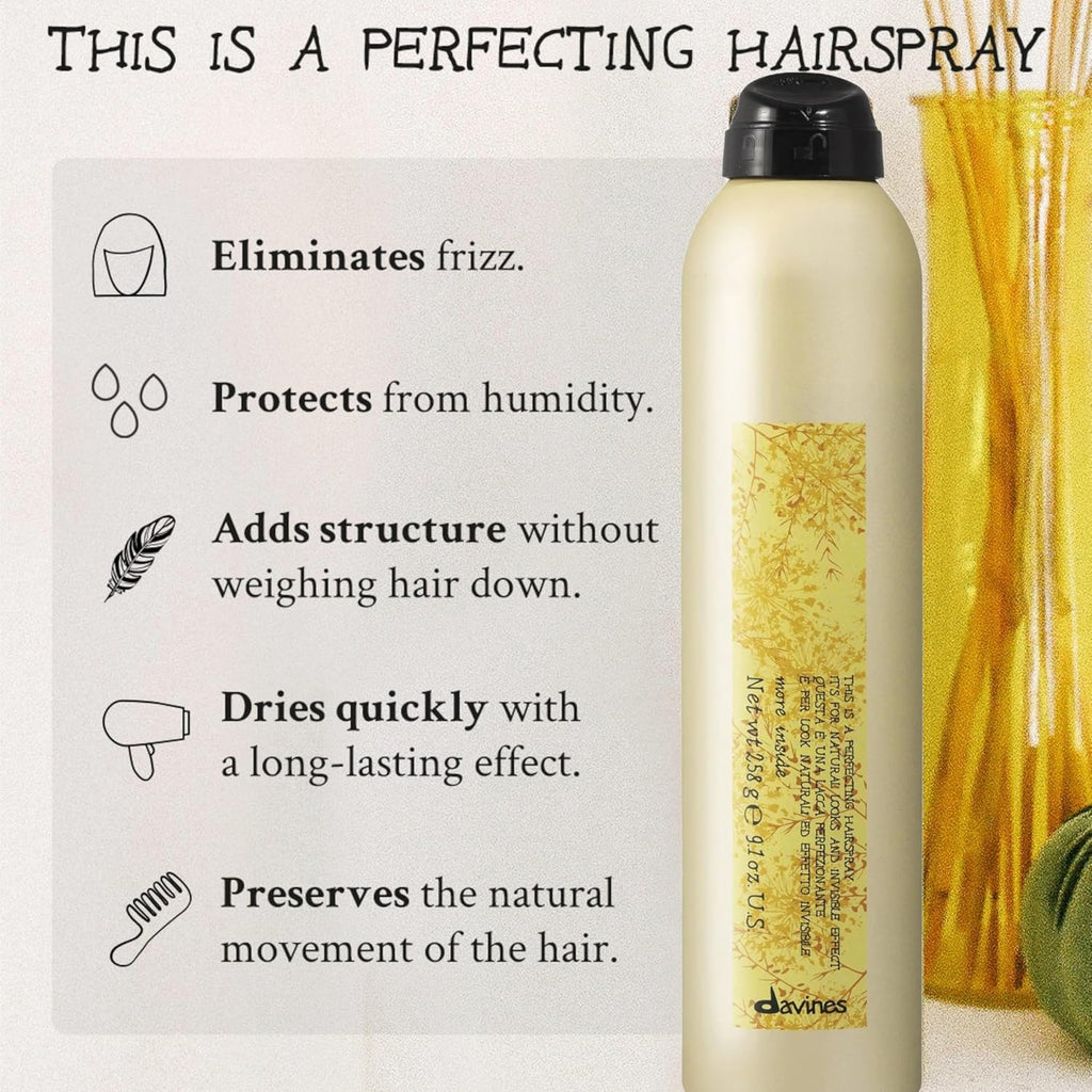 Hair spray bottle with black cap and beige body, gold label, 300 mL