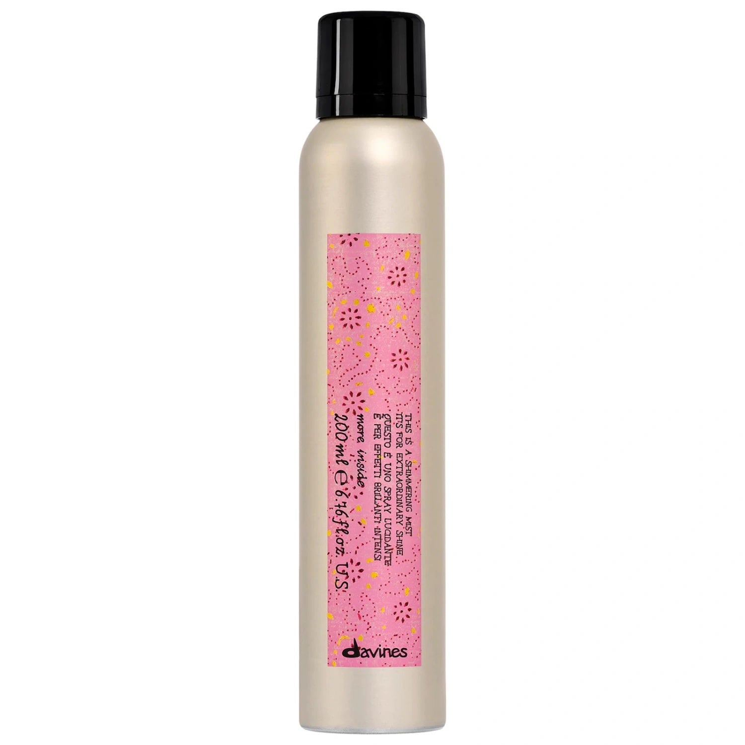 Davines shimmering mist bottle with black cap, metallic gold finish and pink label