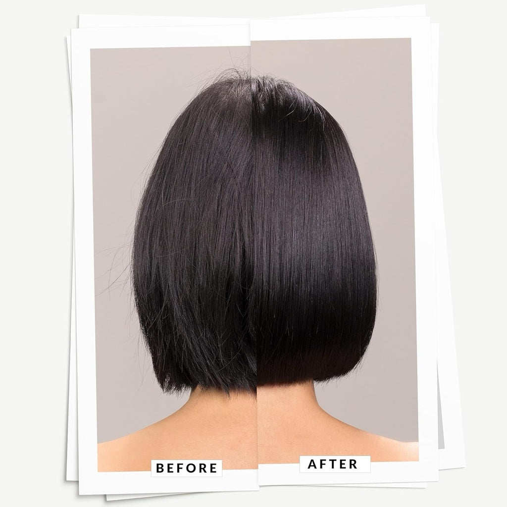 Hair photo cards showing dark bob haircut, before and after