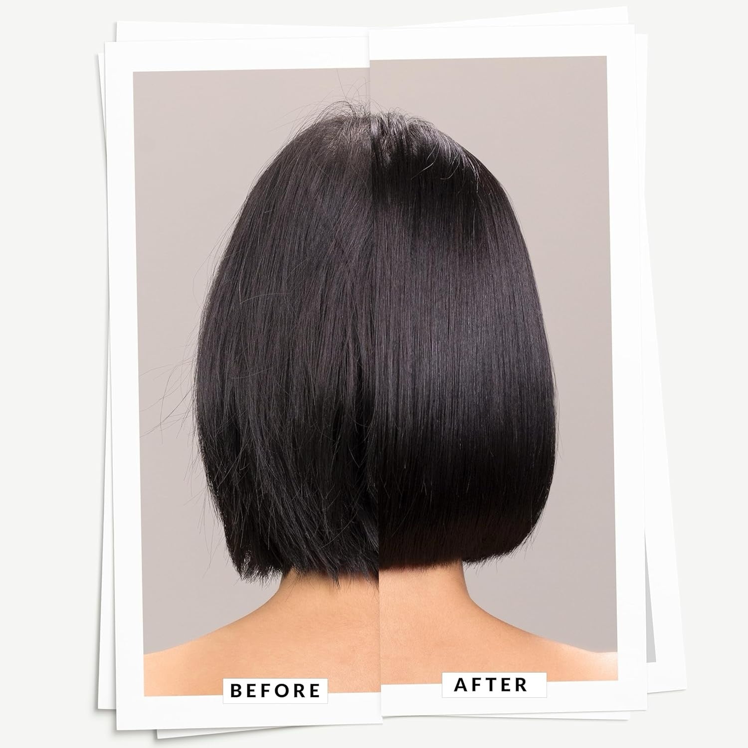 Hair photo cards showing dark bob haircut, before and after
