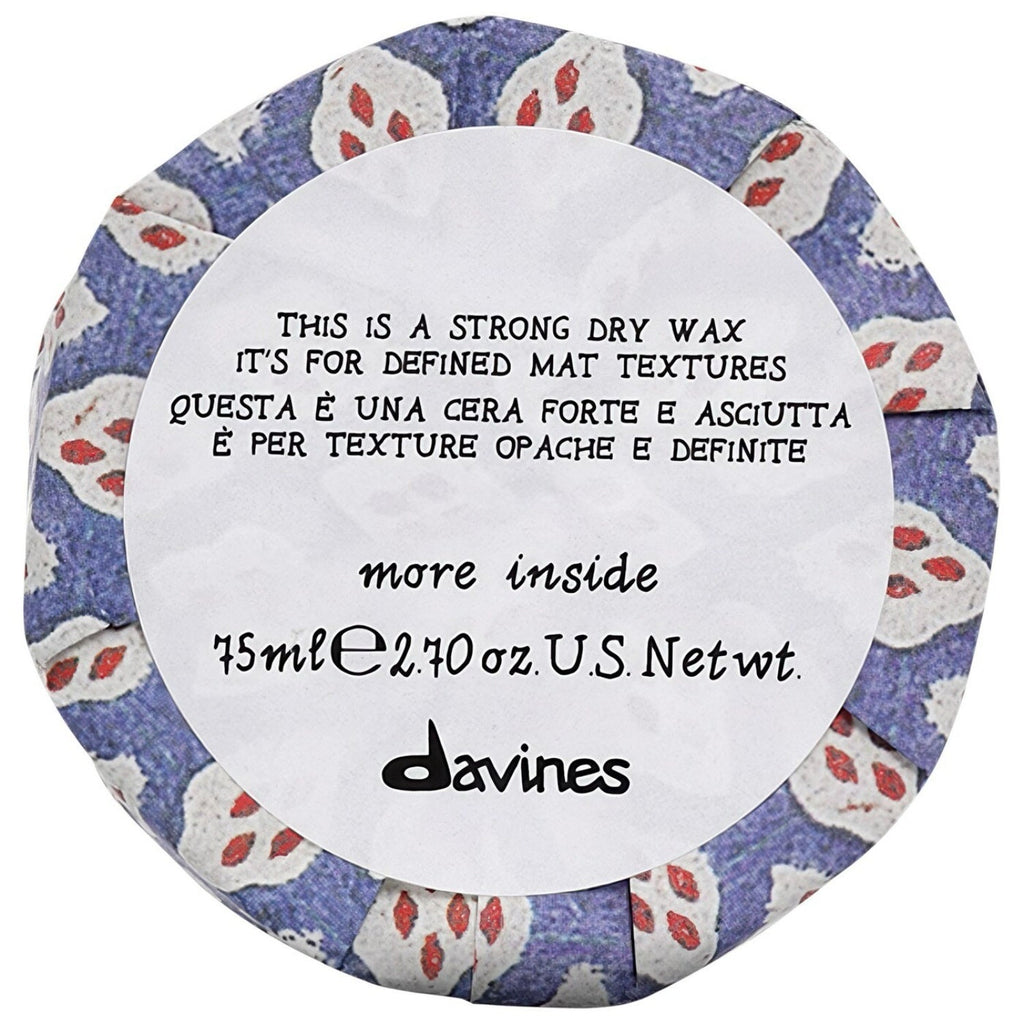 Davines dry wax tin lid with patterned label, 'more inside' and 75 mL text