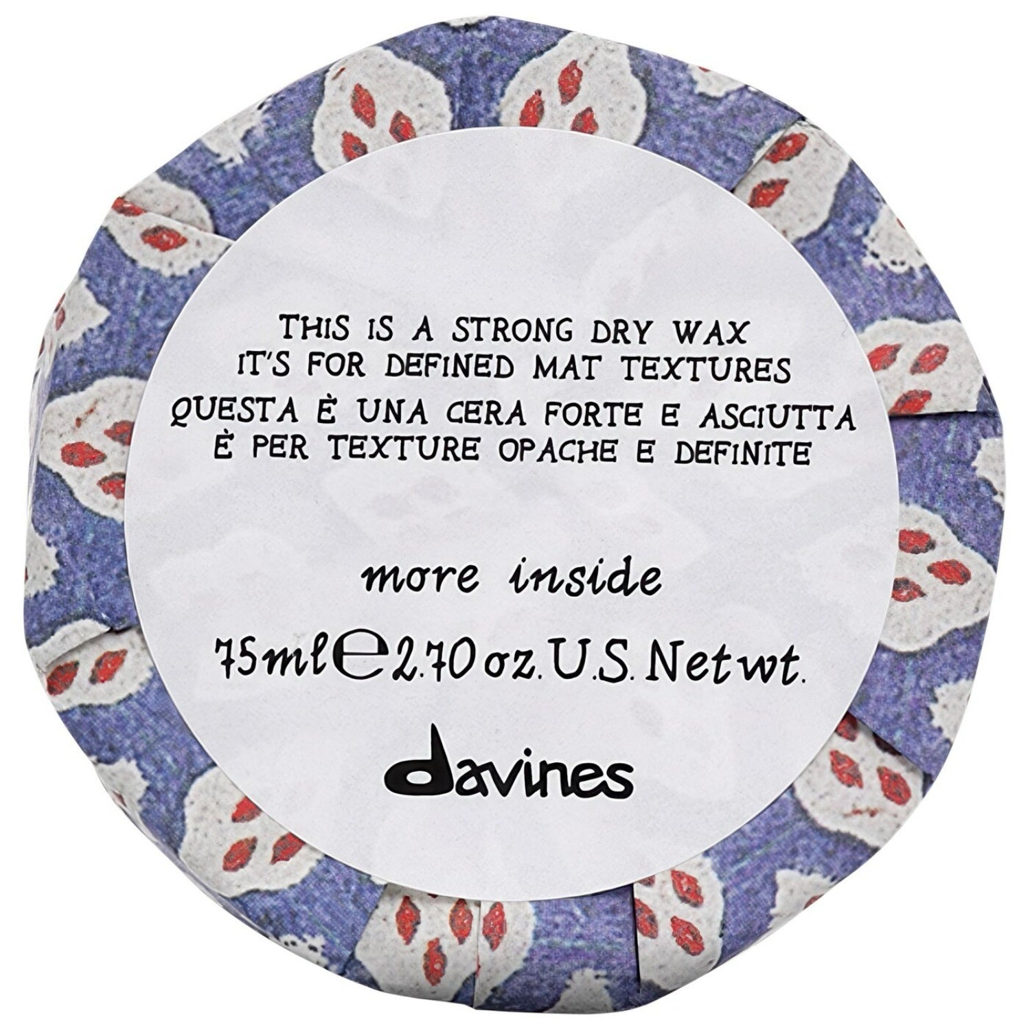 Davines dry wax tin lid with patterned label, 'more inside' and 75 mL text
