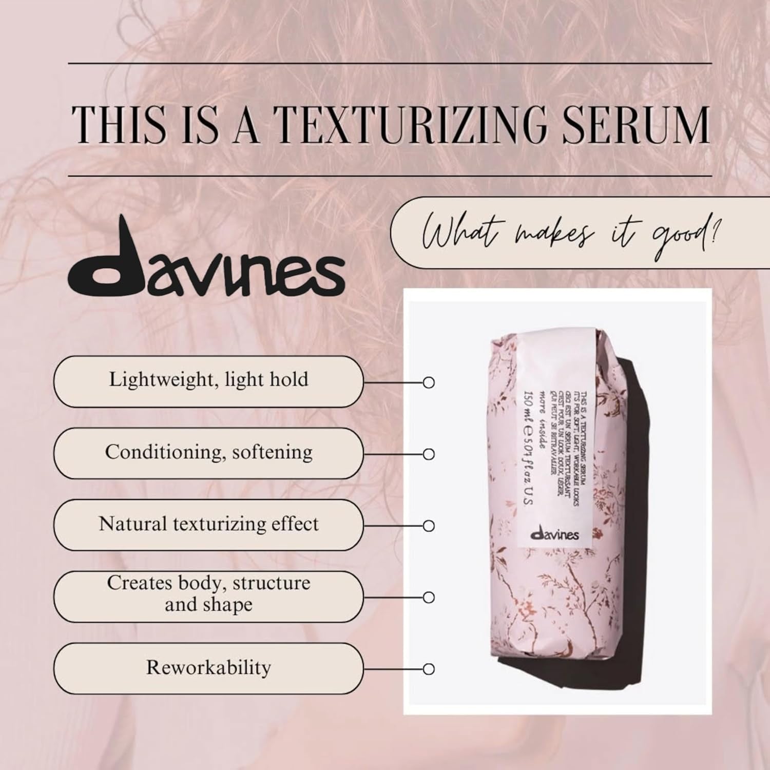 Davines texturizing serum bottle, beige with pink label and black cap