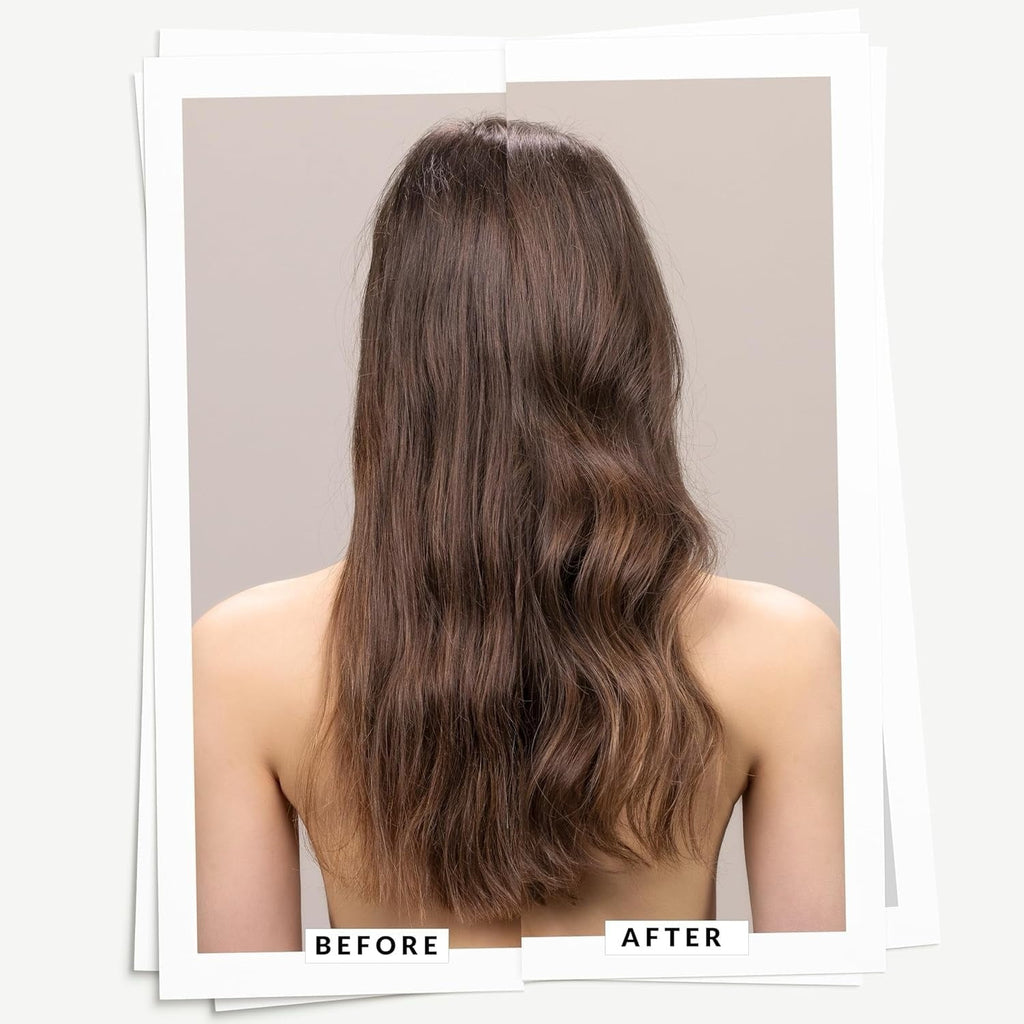 Hair volume boosting mousse styling result, back view of dark brown hair