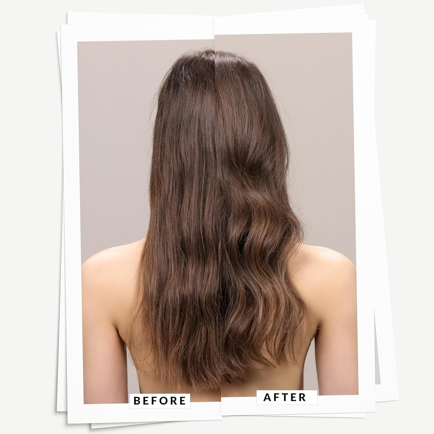 Hair volume boosting mousse styling result, back view of dark brown hair