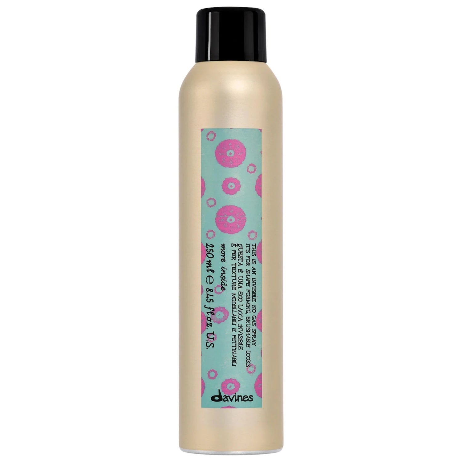 Davines invisible no-gas hair spray bottle, tan with black cap and colorful label.