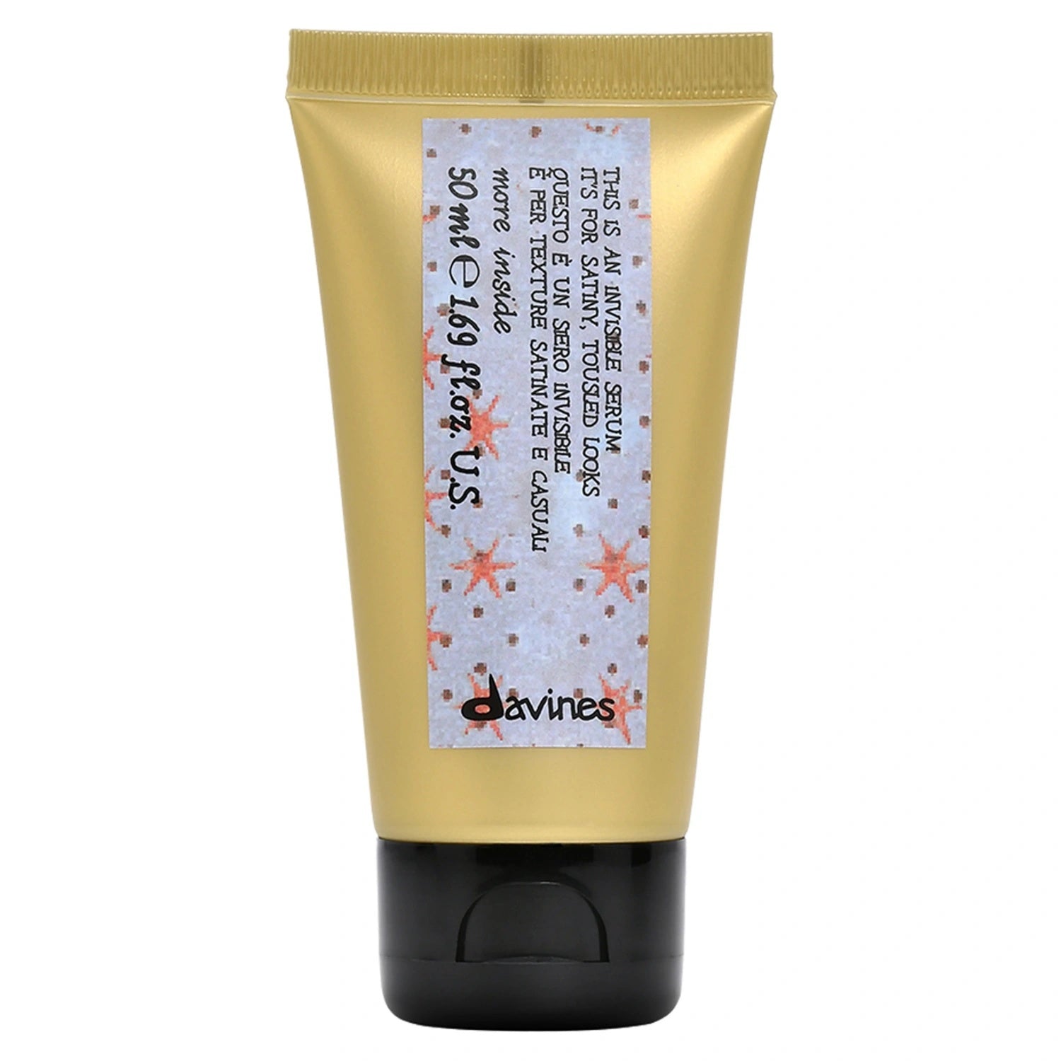 Davines invisible serum squeeze tube, gold with star label and black cap