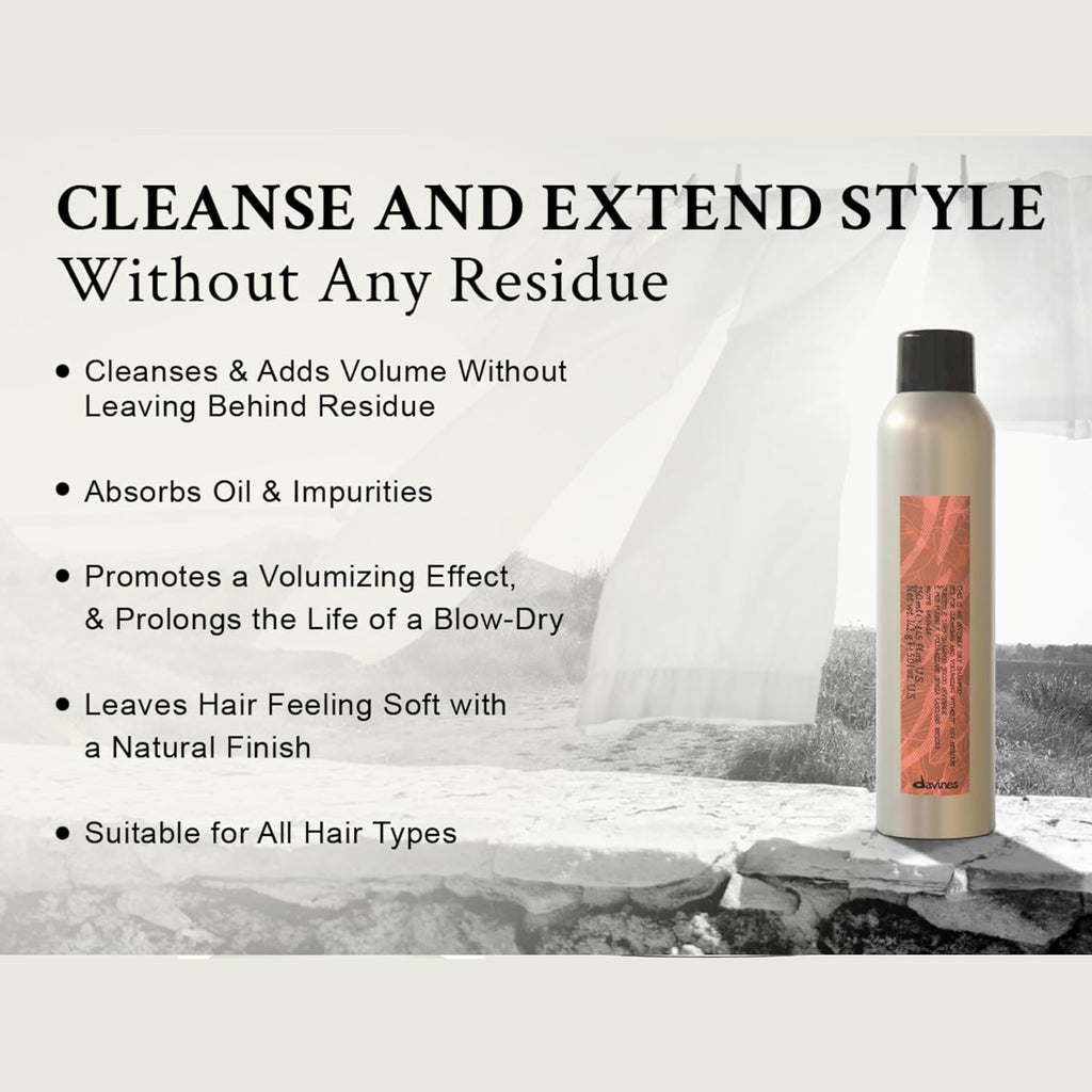 Davines invisible dry shampoo bottle with black cap, beige and orange label