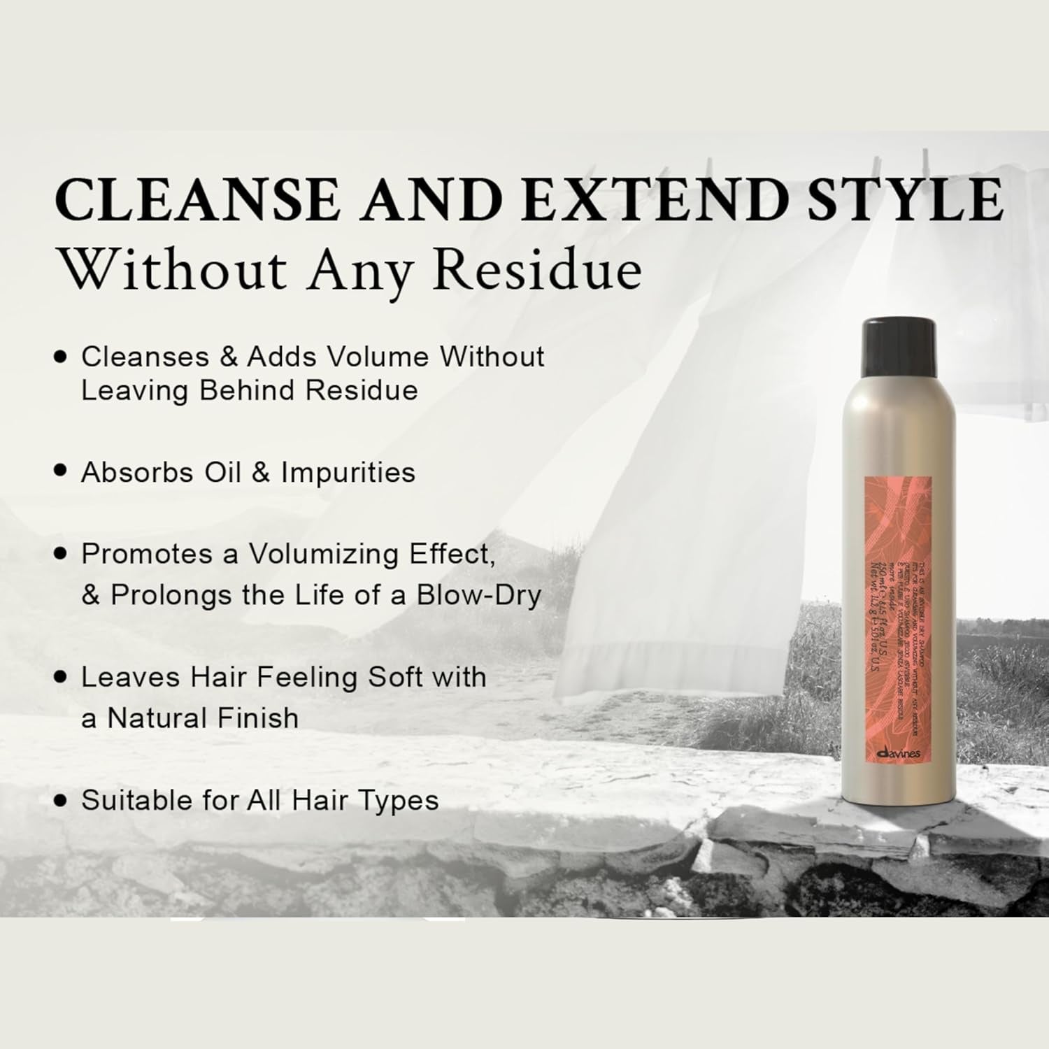 Davines invisible dry shampoo bottle with black cap, beige and orange label