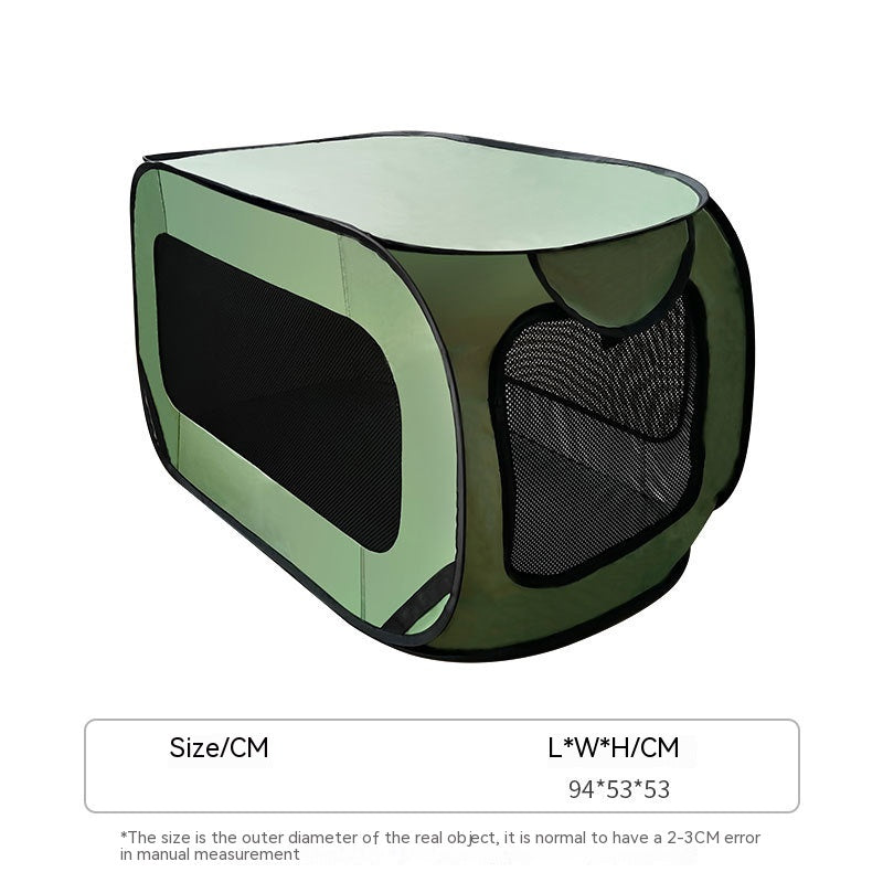 Green folding pet car cage with black mesh windows and heart-shaped door pocket