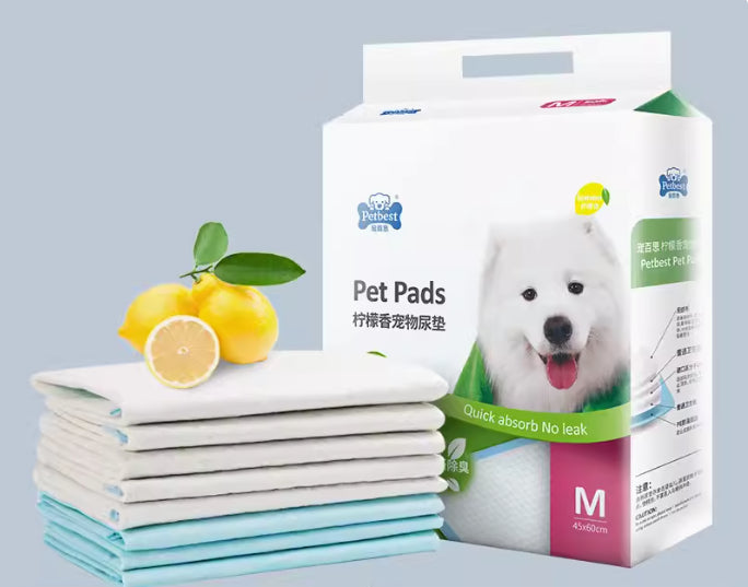 Absorbent pet pads, pale blue folded stack with M-size product box