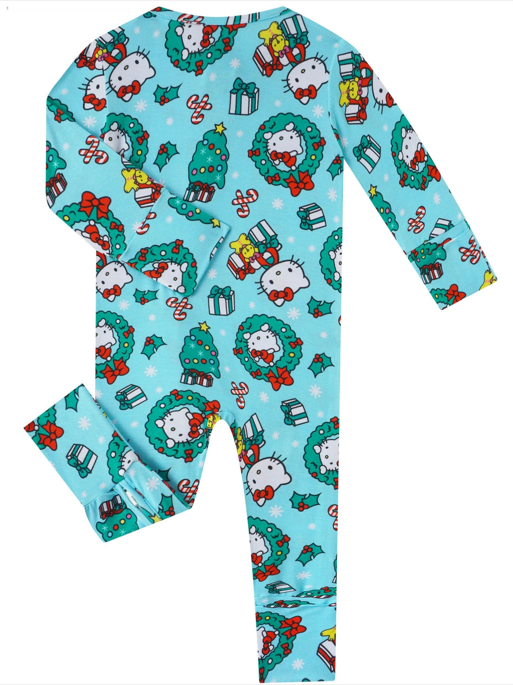 Baby convertible romper with long sleeves and two-way zipper, light blue allover animal wreath