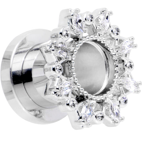 Screw-fit crystal flower tunnel plug close-up, clear stones in silver spiked bezel