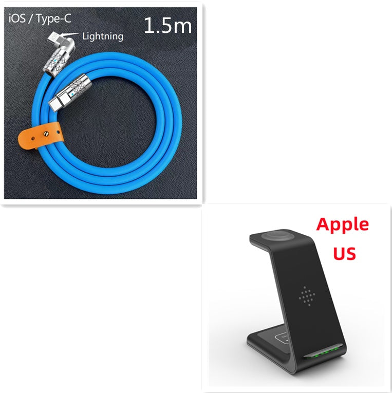 3-in-1 wireless charger stand with dock and blue iOS/Type-C cable, 1.5m