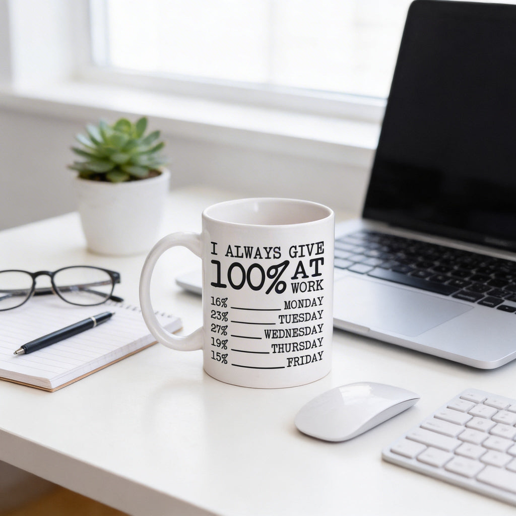 White ceramic coffee mug on desk with black "I always give 100% at work" design