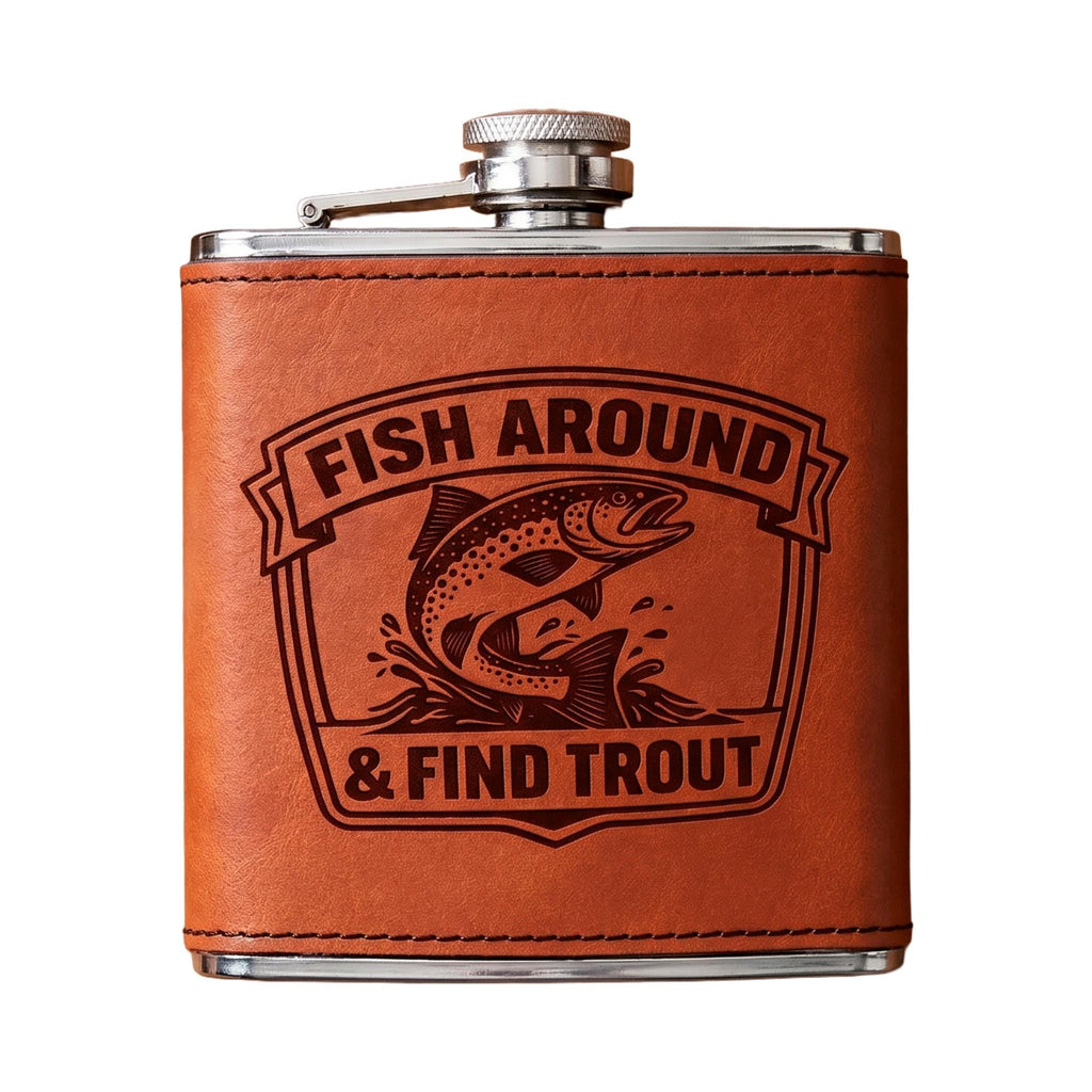 Engraved stainless steel hip flask with tan leather front panel and trout logo
