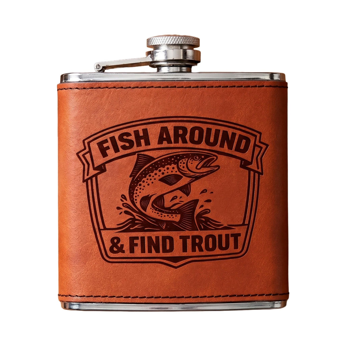 Engraved stainless steel hip flask with tan leather front panel and trout logo