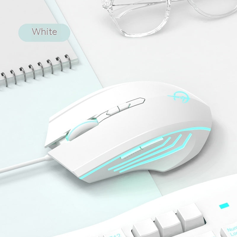 White wired gaming mouse with teal LED stripes and scroll wheel, connected cable
