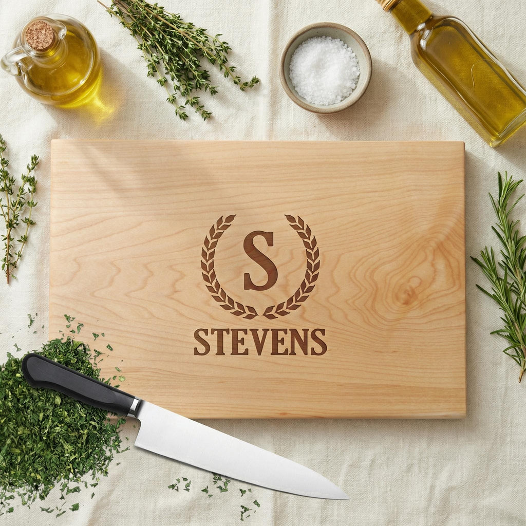 Personalized maple cutting board with engraved monogram and name, shown with carving knife