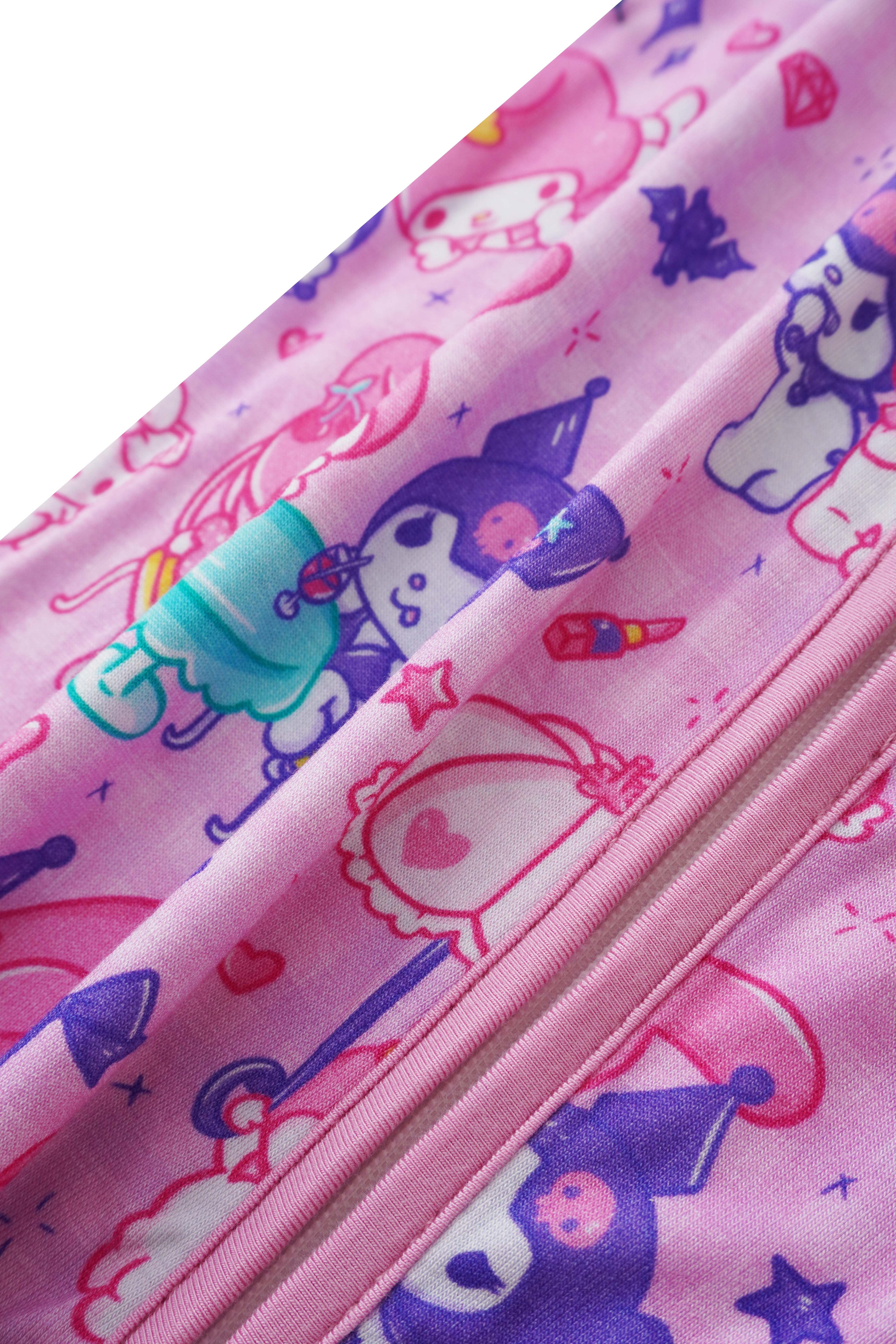 Pink bamboo baby romper zipper closeup with allover Kuromi and friends print