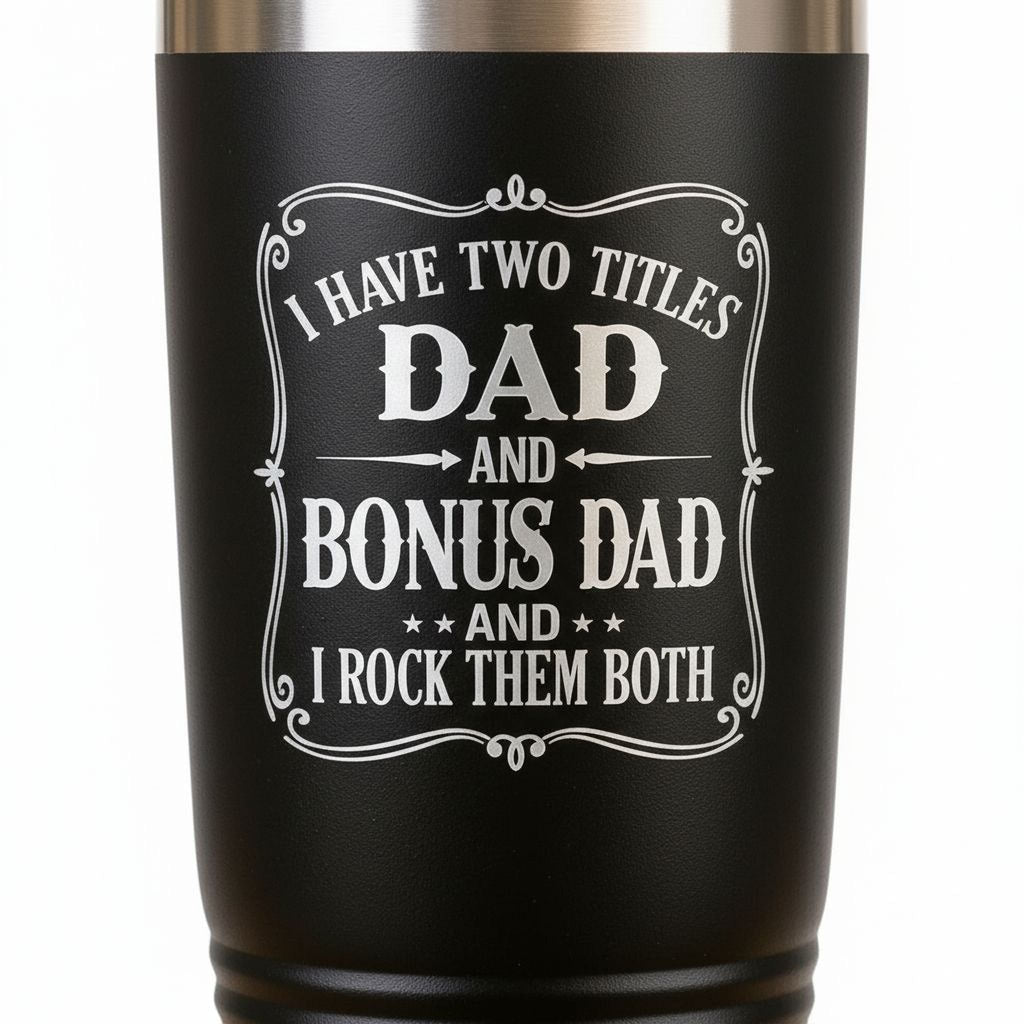 Black 20 oz insulated travel tumbler with 'Dad' and 'Bonus Dad' quote graphic